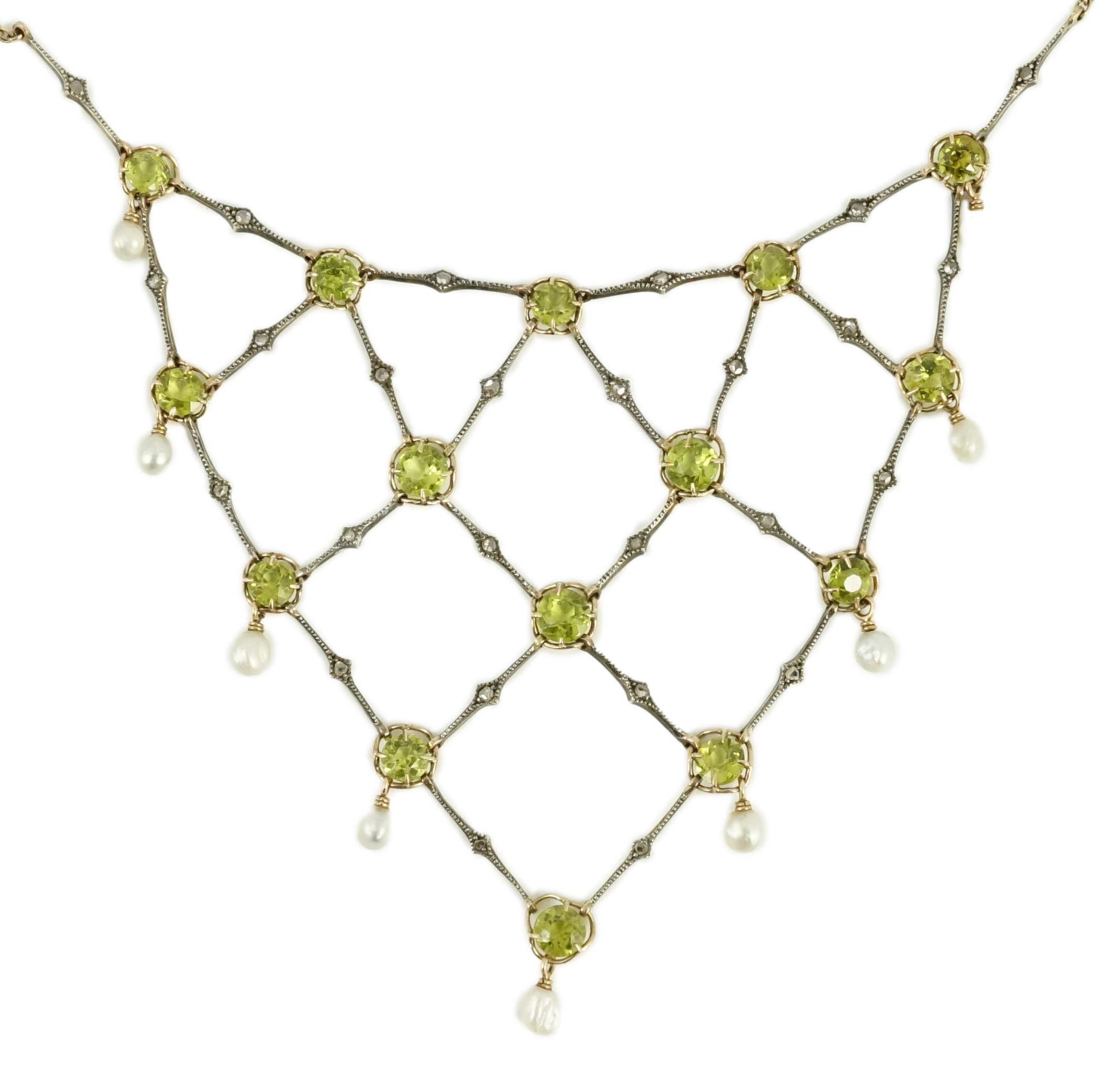 A late Victorian 15ct gold and platinum, peridot, rose cut diamond and baroque pearl drop set necklace